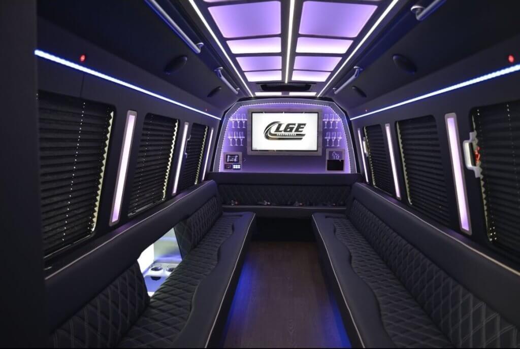 The inside of a party bus in Miami, FL double black transportation
